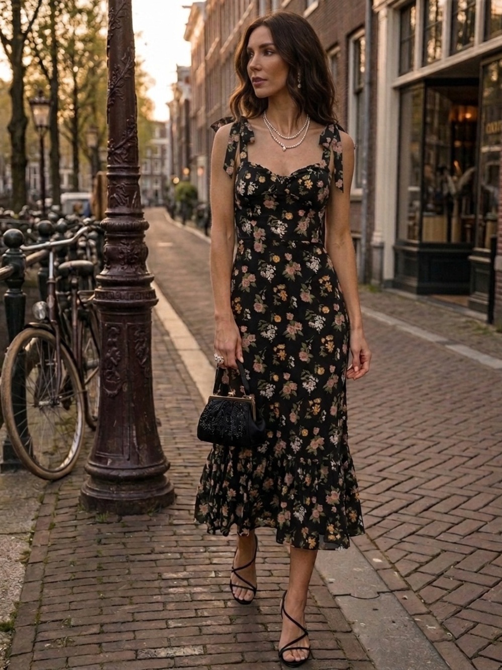 Black and Floral Midi Dress - Wedding Guest Cocktail Party